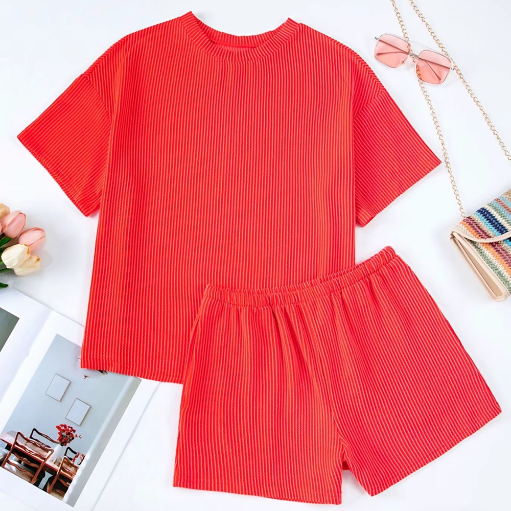 Reddish Orange Ribbed Lounge Set